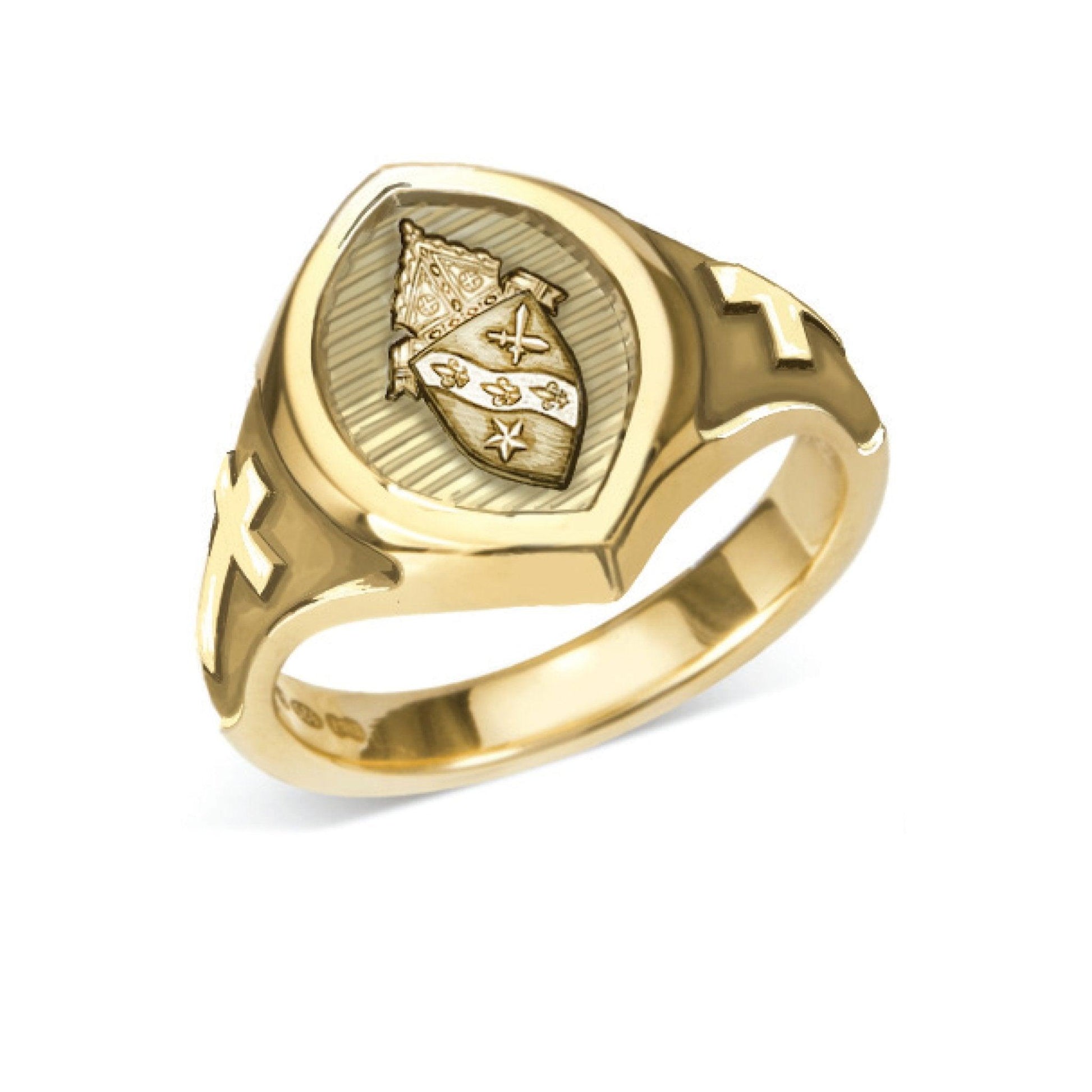 Gold Custom Engraved Bishop Ring with Border and Crosses – Watts & Co.